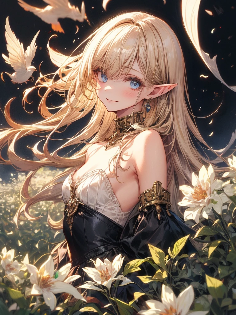 art by Cornflower,(master piece),(4k),high quality,(perfect anatomy),flat chest,((1girl)),(solo),elf,long blonde hair,pale skin,beautiful detailed blue eyes, (Highly detailed elegant),(medival dress),Detailed skin,Add a dramatic and symbolic element to your scene, Silky to the touch, Hyper Detail,romantic,captivating smile, looking at viewer, (rich and colorful),(walking through a field of white flowers),The tranquil and dreamy atmosphere gives the whole scene warm and charming temperament,(sideways glance),from side,film lighting