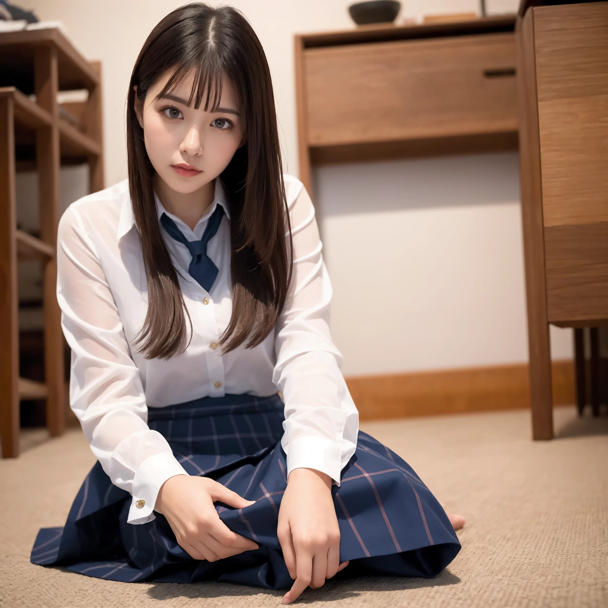 (((8k、High resolution、Highest quality、High resolution)))alone、Natural body shape、White skin、Natural Makeup、((Black Hair、bangs、Straight Long Hair))、((()))、、(Sitting on the floor:1.4)、(())、(((((Full body photo)))))、(((Looking into the camera)))、(((Wear a uniform on the upper body)))、Bedroom、(((Of high school))) 、((white collared long sleeve blouse))、((Beige cardigan))、((Pleated skirt with dark blue plaid pattern、mini skirt、Ultra-realistic pantyhose))、、、Expressionless、((Exposing your thighs)), Beautiful mature woman