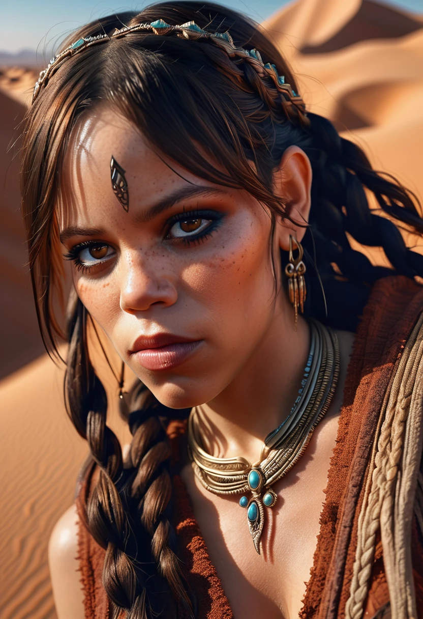 photo of JennaOrtega, Sahara Desert, (extremely detailed CG unity 8k wallpaper), Intricate, High Detail, Sharp focus, dramatic, photorealistic painting, (twin braids), ((movie premiere gala)), (looking down at viewer), (detailed pupils:1.2), dimly lit,  