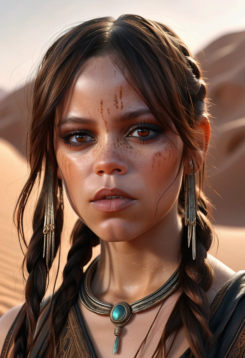 photo of JennaOrtega, Sahara Desert, (extremely detailed CG unity 8k wallpaper), Intricate, High Detail, Sharp focus, dramatic, photorealistic painting, (twin braids), ((movie premiere gala)), (looking down at viewer), (detailed pupils:1.2), dimly lit,  