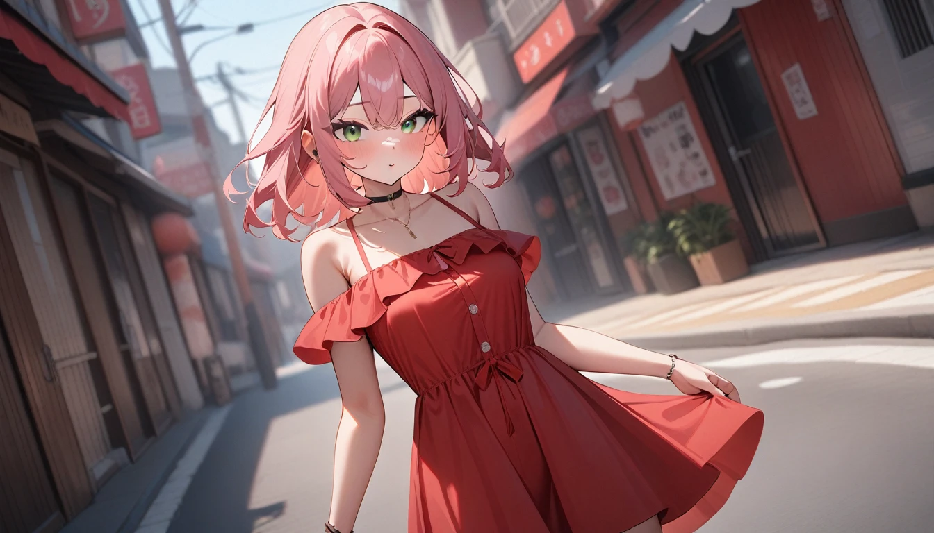 1girl,25 years old,long pink hair,red summer dress,green eyes,medium breast,cool,empty street,loking the viewer ,masterpiece,very aesthetic,newest,sensitive