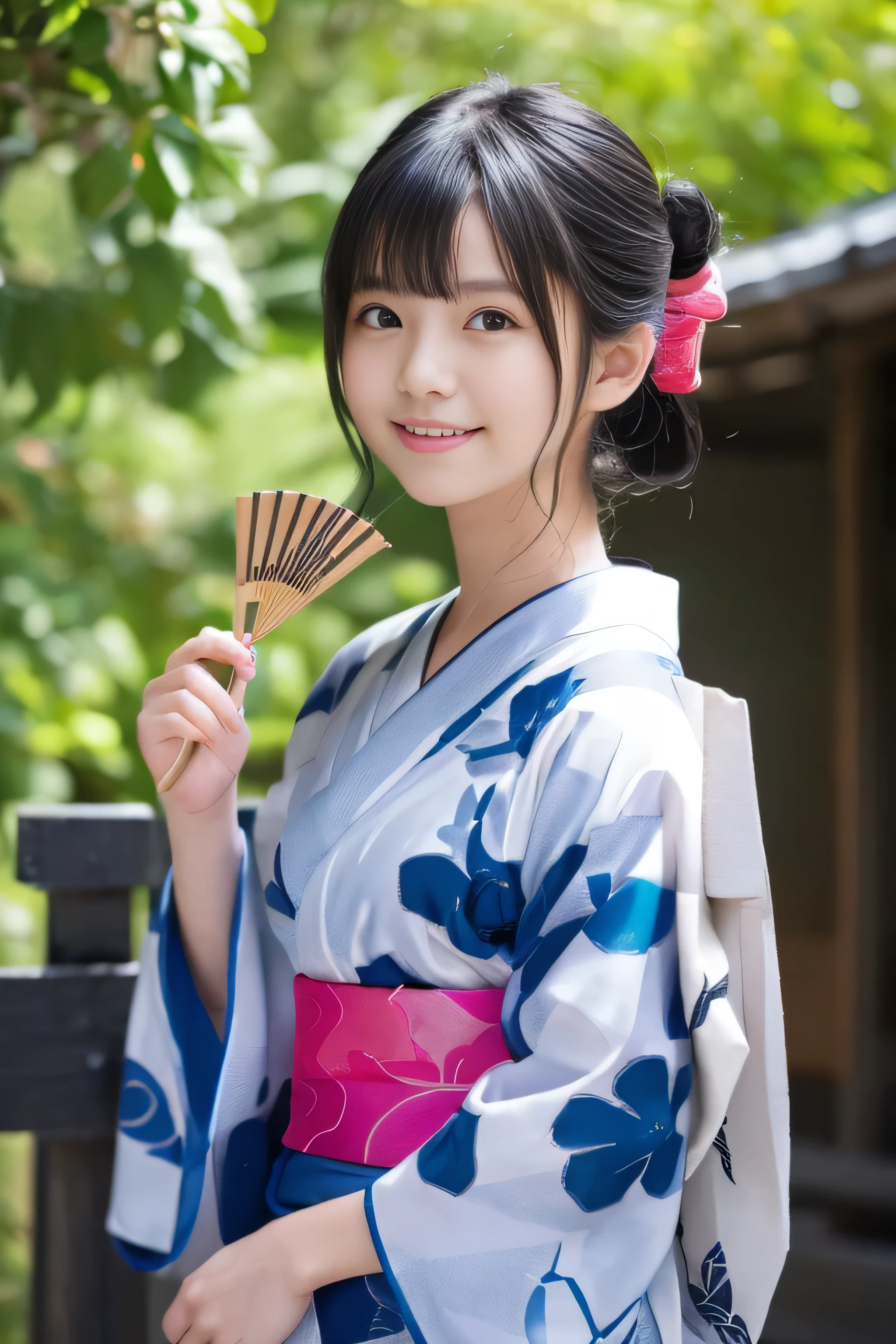 (Yukata:1.4)、((14 years old))、Random Pause、(Highest quality,masterpiece:1.3,Ultra-high resolution,),(Very detailedな,Caustics),(Photorealistic:1.4,RAW shooting,)Ultra-Realistic Capture,Very detailed,High resolution 16K human skin closeup、 Natural skin texture、、Skin tone is even and healthy looking、 Use natural light and colour,1 girl,Japanese,cute,Black-haired,Medium Hair,,smile,,(Written boundary depth、chromatic aberration、、Wide range of lighting、Natural Shading、)、(Kimono with open front), Holding a fan,