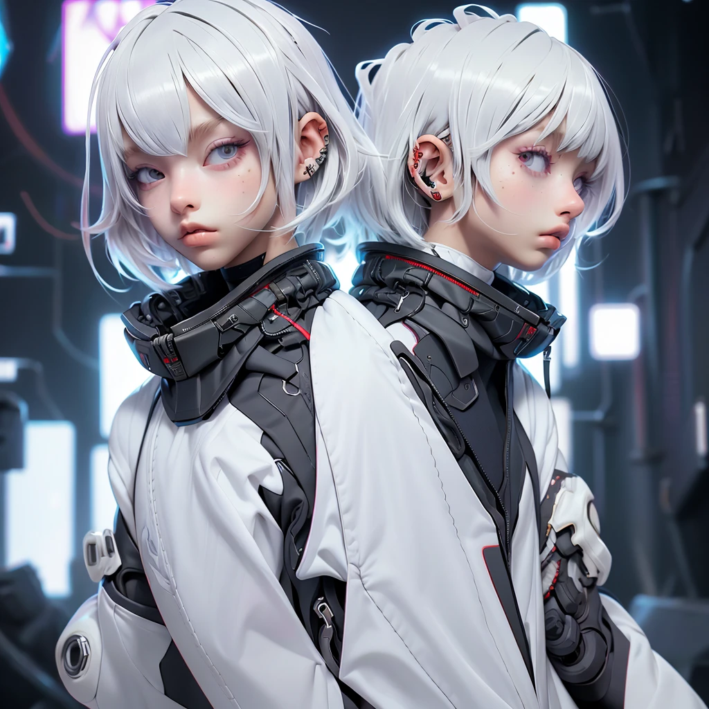 1boy, (realistic), cyber suit, upper body, Cyber jacket, white hair