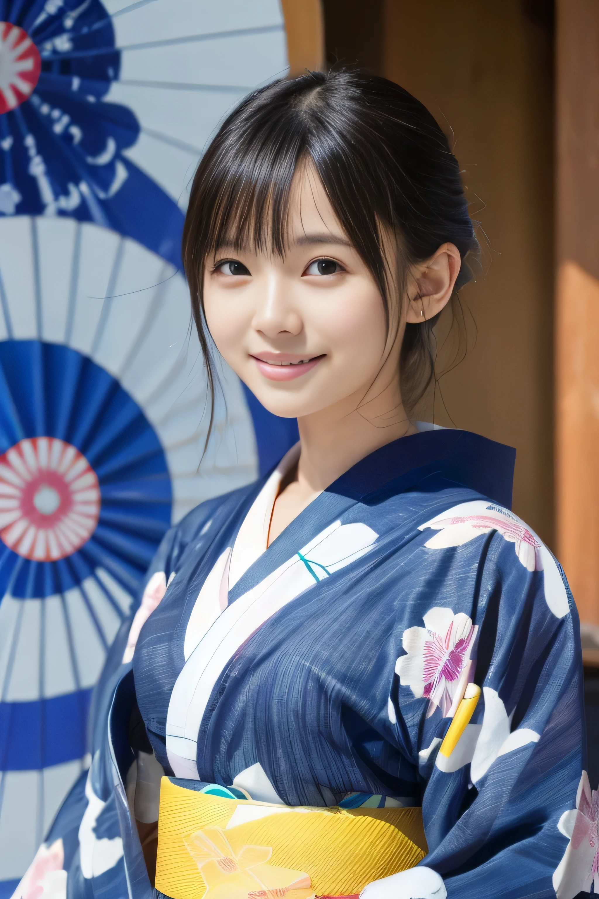 (Yukata:1.4)、((14 years old))、Random Pause、(Highest quality,masterpiece:1.3,Ultra-high resolution,),(Very detailedな,Caustics),(Photorealistic:1.4,RAW shooting,)Ultra-Realistic Capture,Very detailed,High resolution 16K human skin closeup、 Natural skin texture、、Skin tone is even and healthy looking、 Use natural light and colour,1 girl,Japanese,cute,Black-haired,Medium Hair,,smile,,(Written boundary depth、chromatic aberration、、Wide range of lighting、Natural Shading、)、(Kimono with open front), Holding a fan,