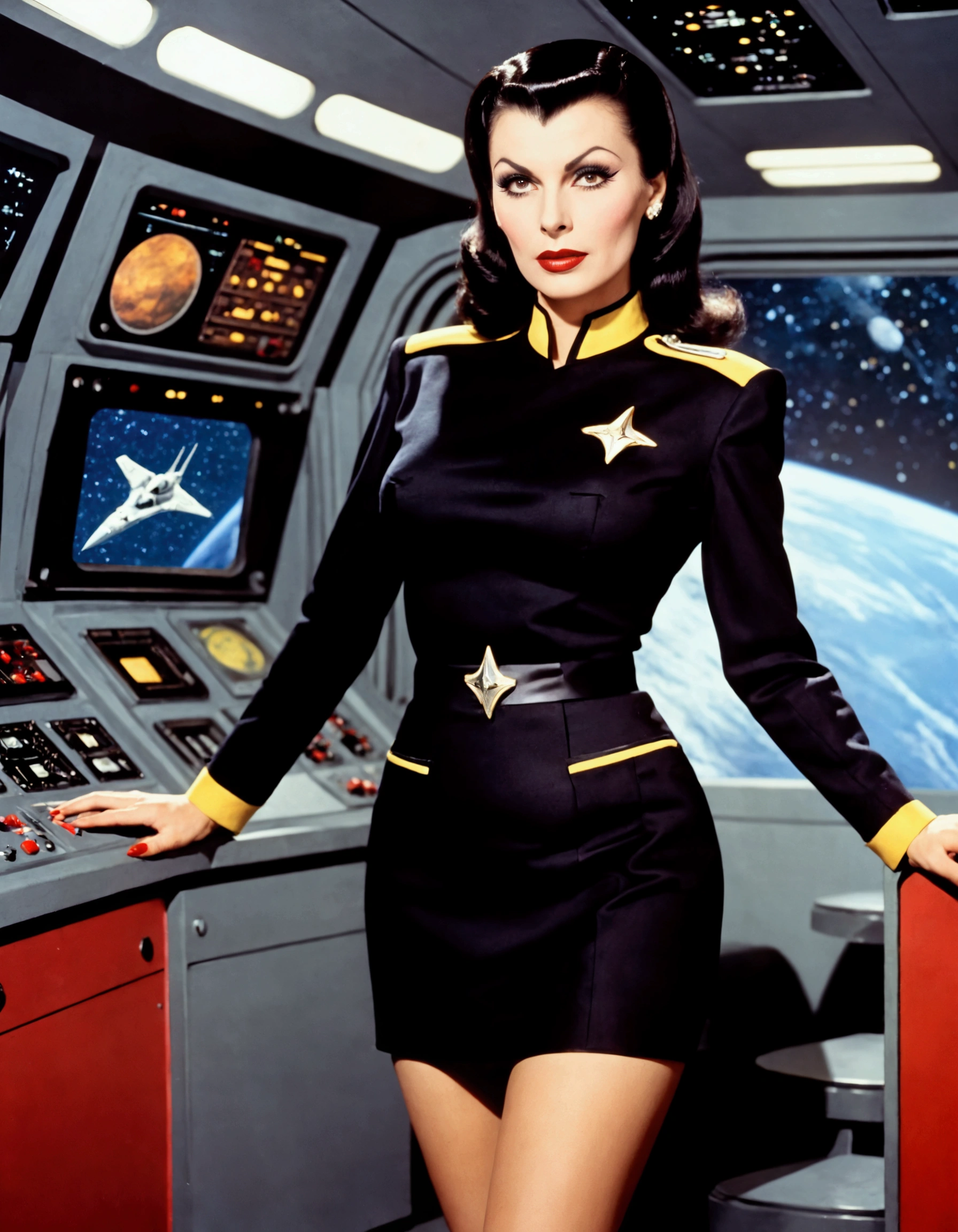 1 woman (Vampira Maila Nurmi, age 25, star fleet mini skirt uniform(breasts over exposed)), visiting the bridge of the Enterprise to advise Captain Kirk
