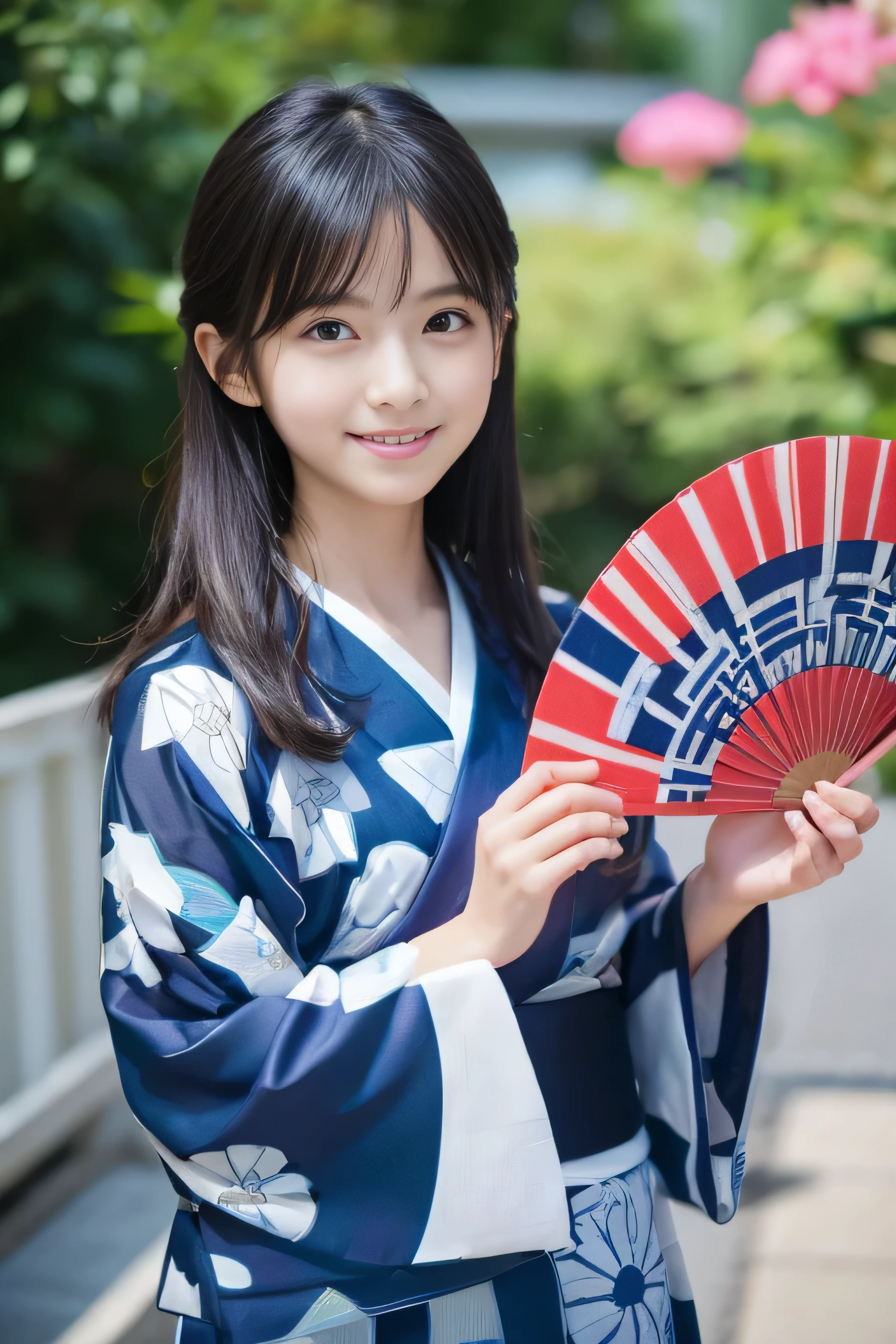 (Japan 12 year old cute actress), (round face: 1.2), bangs, smile