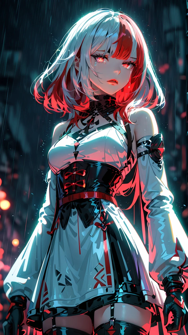 1girl, red eyes, split-color hair:1.3, medium hair, red lips, black pencil skirt,half close eyes, crying, gather belt, thighhighs, corset, white dress, see-through sleeve, pale skin, dramatic lighting, soft shadow, masterpiece, best quality, safe, SFW, very aesthetic, recent, absurdres, highres, lighting, glowing, rain 