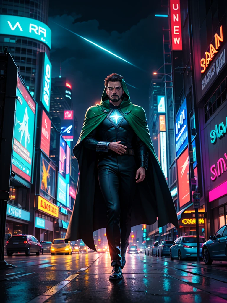 Generate a full-body image of Doctor Doom without his mask, revealing Tony Stark inside the costume. He wears dark green and silver metallic armor with intricate designs and a dark green cloak with a hood. The background is a vibrant cyberpunk city at night, filled with neon lights, futuristic skyscrapers, holographic advertisements, and flying vehicles. The sky is dark with an electric blue hue, illuminated by neon signs and occasional lightning flashes.Tony Stark's face is clearly visible. He has a determined and intense expression, with sharp features, a well-groomed goatee, and slightly tousled hair. His eyes are focused and reflect the neon lights of the city, adding a futuristic glow to his gaze. Stark's face shows a blend of confidence and resilience, capturing his character's essence.