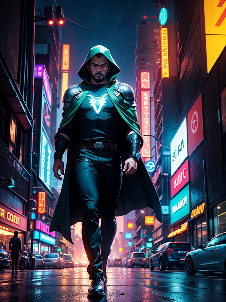Generate a full-body image of Doctor Doom without his mask, revealing Tony Stark inside the costume. He wears dark green and silver metallic armor with intricate designs and a dark green cloak with a hood. The background is a vibrant cyberpunk city at night, filled with neon lights, futuristic skyscrapers, holographic advertisements, and flying vehicles. The sky is dark with an electric blue hue, illuminated by neon signs and occasional lightning flashes.Tony Stark's face is clearly visible. He has a determined and intense expression, with sharp features, a well-groomed goatee, and slightly tousled hair. His eyes are focused and reflect the neon lights of the city, adding a futuristic glow to his gaze. Stark's face shows a blend of confidence and resilience, capturing his character's essence.