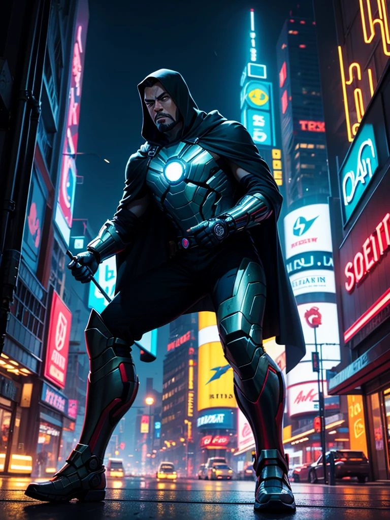 Generate a full-body image of Doctor Doom without his mask, revealing Tony Stark inside the costume. He wears dark green and silver metallic armor with intricate designs and a dark green cloak with a hood. The background is a vibrant cyberpunk city at night, filled with neon lights, futuristic skyscrapers, holographic advertisements, and flying vehicles. The sky is dark with an electric blue hue, illuminated by neon signs and occasional lightning flashes.Tony Stark's face is clearly visible. He has a determined and intense expression, with sharp features, a well-groomed goatee, and slightly tousled hair. His eyes are focused and reflect the neon lights of the city, adding a futuristic glow to his gaze. Stark's face shows a blend of confidence and resilience, capturing his character's essence.