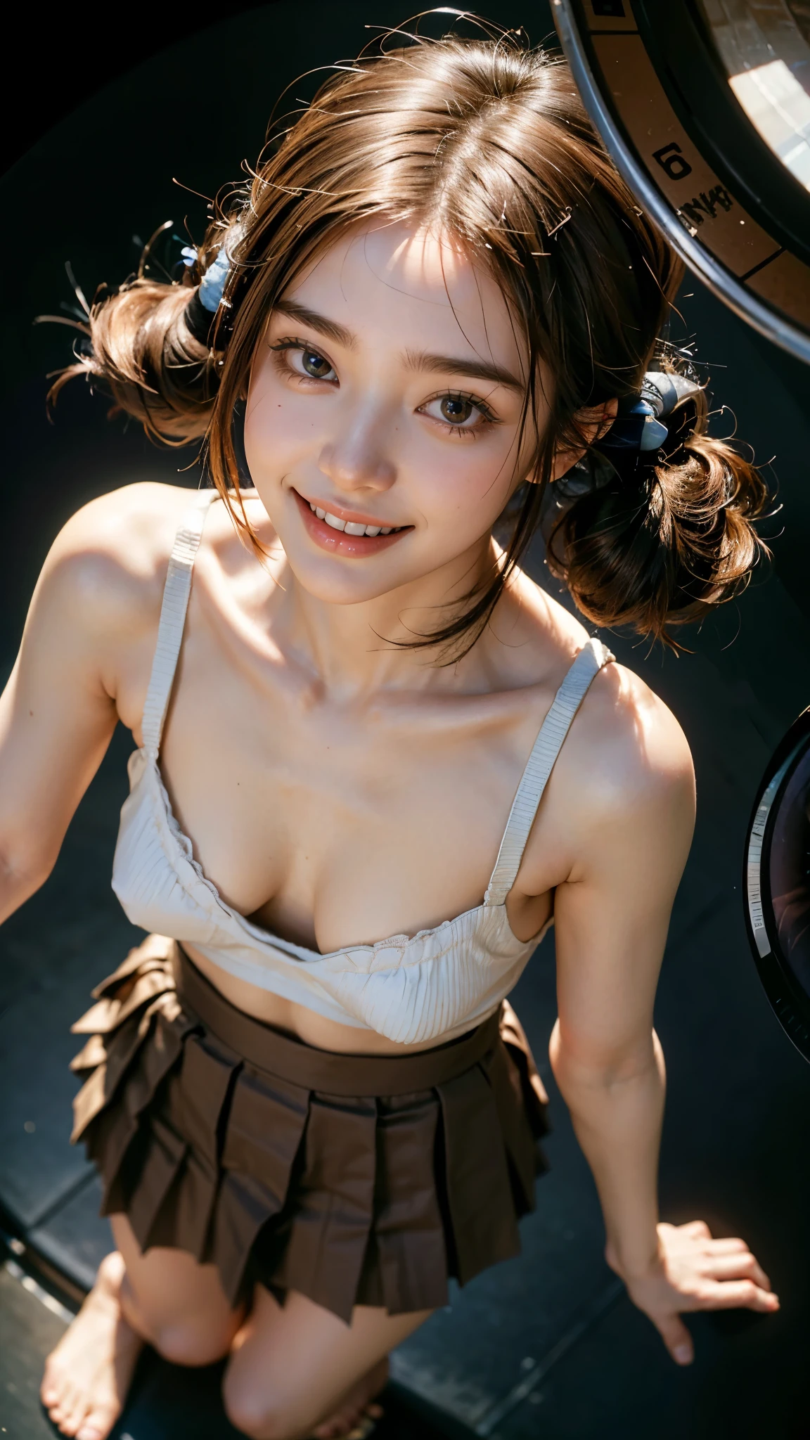 Highest quality, masterpiece, Ultra-high resolution,8k, (Realistic:1.6),((I'm showing my teeth and smiling)) (Close-up portrait:1.4) RAW Photos,((Uniqlo bra top and pleated mini skirt)),((Nipples seem to be visible)),((Full body photo)),1 person,A slim 26-year-old adult woman,((Brown hair twin tails)),((New Era Cap)),((Looking up at the audience)),Face Focus:1.4,((Photographed from above with a fisheye lens:1.4)),