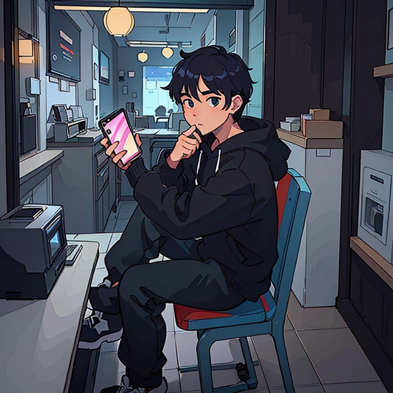 there is a young man in a hoodie looking at his cellphone, in a hoodie, lofi portrait, high quality photo, photo with a colored background at the cafe,
make it a cool anime guy
