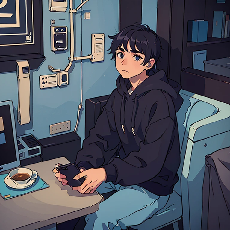 there is a young man in a hoodie looking at his cellphone, in a hoodie, lofi portrait, high quality photo, photo with a colored background at the cafe,
make it a cool anime guy