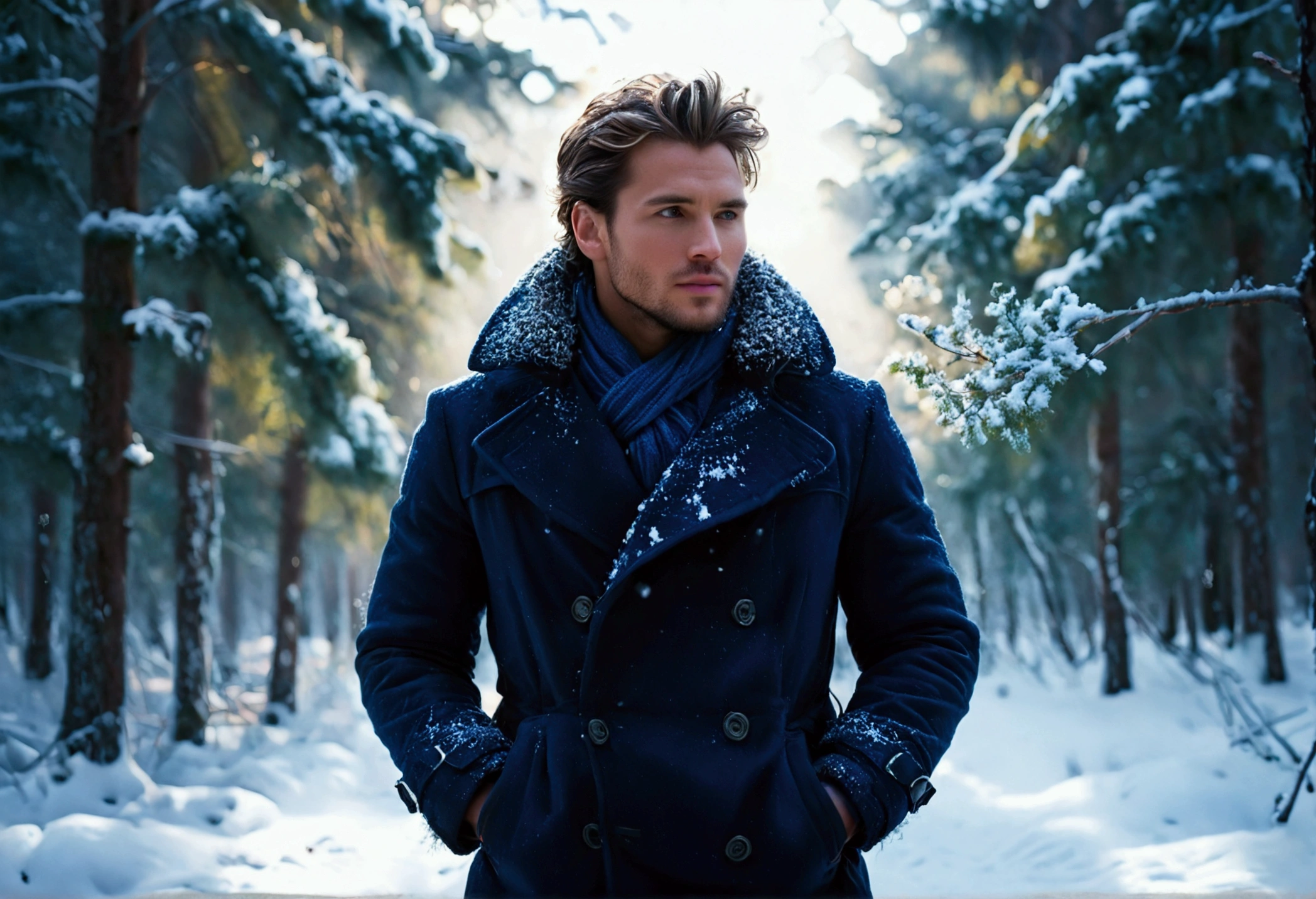 A rugged male model posing in a dense, snow-covered forest, wearing a stylish dark blue winter coat with a faux fur collar, paired with matching gloves and a scarf. His breath is visible in the cold air, and snowflakes gently fall around him, adding a magical touch to the scene. He stands confidently with his hands in his coat pockets, gazing thoughtfully into the distance. The snow-covered trees create a beautiful, frosty backdrop, with soft winter sunlight filtering through the branches. The ground is blanketed in pristine snow, and his footprints are the only marks in the otherwise untouched landscape. The scene is captured in high detail, with cool, crisp colors and soft lighting, evoking a serene and peaceful winter mood. [Hyperrealistic, cinematic photography, high depth of field, ultra-detailed, 4K resolution].