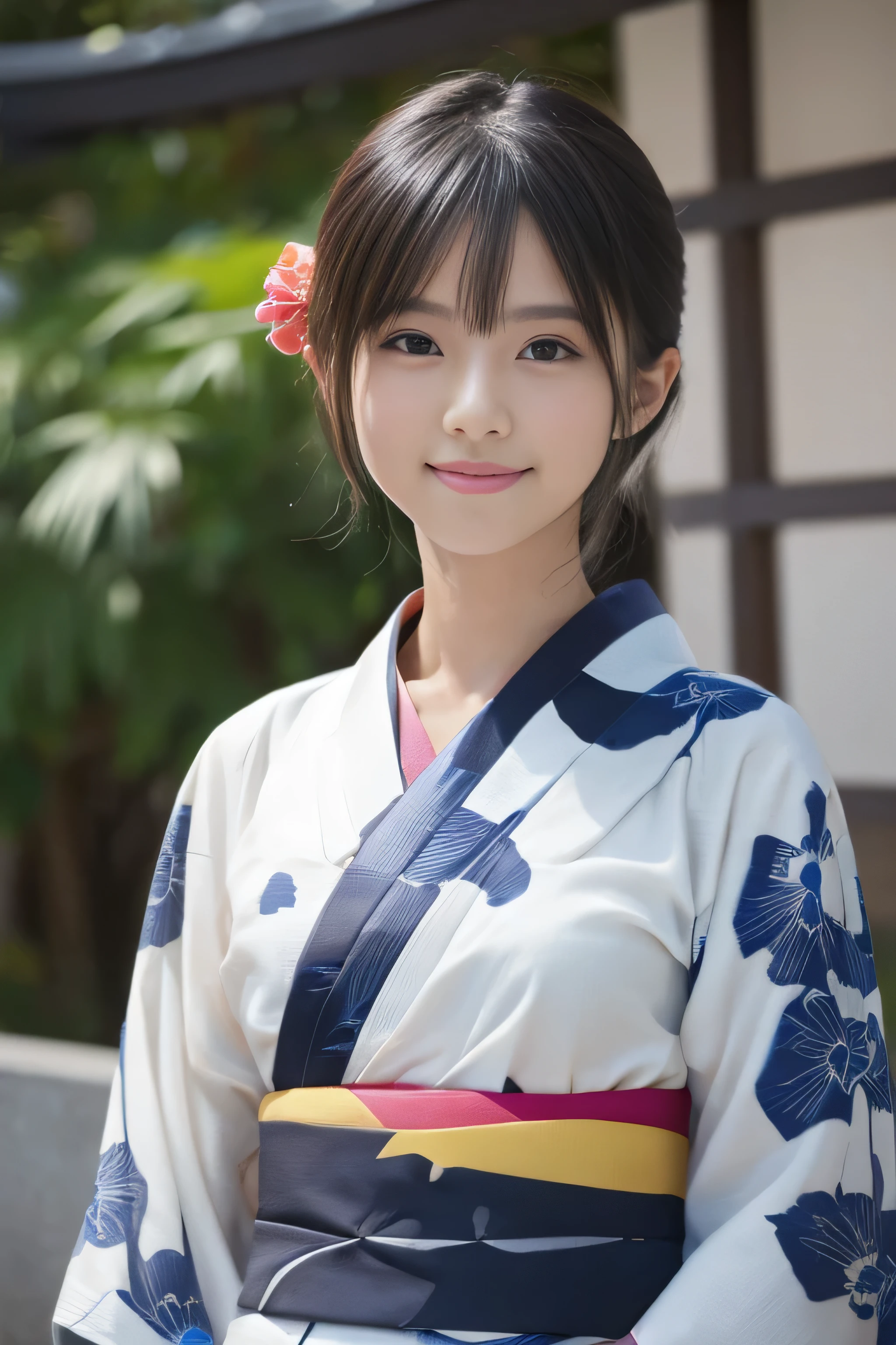 (A thin yukata:1.4)、(())、Random Pause、(Highest quality,masterpiece:1.3,Ultra-high resolution,),(Very detailedな,Caustics),(Photorealistic:1.4,RAW shooting,)Ultra-Realistic Capture,Very detailed,High resolution 16K human skin closeup、 Natural skin texture、、Skin tone is even and healthy looking、 Use natural light and colour,1 girl,Japanese,cute,Black-haired,Medium Hair,,smile,,(Written boundary depth、chromatic aberration、、Wide range of lighting、Natural Shading、)、(Kimono with open front), Holding a fan,