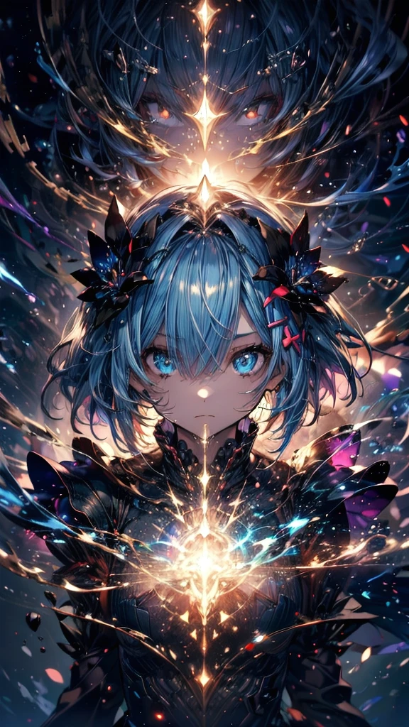 (Highest quality),(masterpiece), 8k,Very detailed, Detailed light, Best Shadow,Detailed reflective eyes, Beautiful Eyes, Very detailedな顔,Shiny Hair,One person,Gloss,Long Curly Hair,Blue Hair,blue eyes,Fascinating,Expressionless,Quiet anger,full moon,hair ornaments,whole body,front,Again:zero,Rem,Againm,fan,darkness,My face is too dirty to paint,Dynamic Angle,