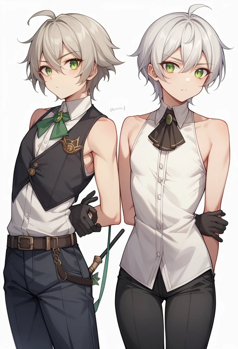 (One girl)、long medium length hair、(sidelock)、(khaki hair)、(sidelock)、((boyish))、((flat chest))、(Healer)、Black Vest、White sleeveless、black stick pants、gloves、say、 green eye、arm behind back、(coarse hair)、20-year-old 、curvy、Broad shoulders、White Background、