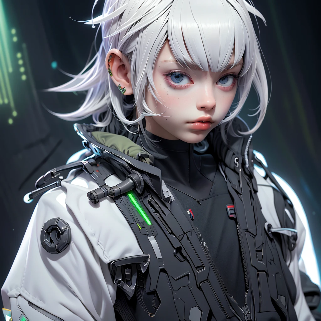 1boy, (realistic), cyber suit, upper body, Cyber jacket, white hair, warrior