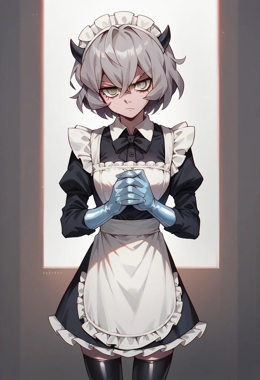 1girl, malina \(helltaker\), ((blue surgical gloves)), (latex gloves), (maid uniform), ((long sleeves)), looking at viewer, standing, solo