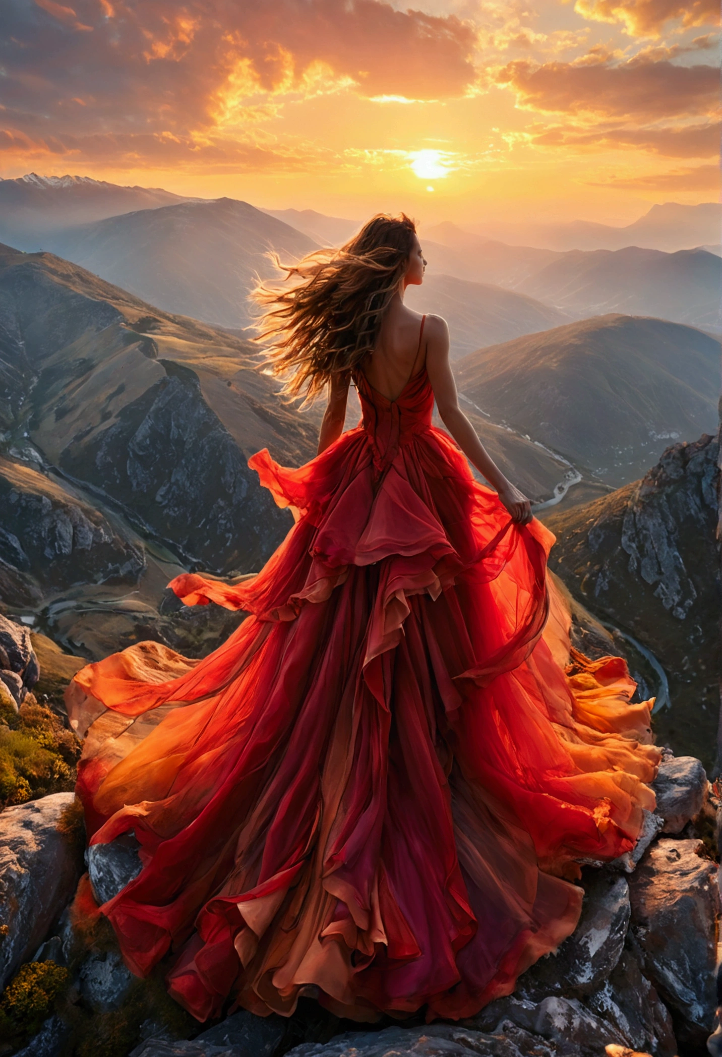stunning female model posing dramatically on the edge of a mountain cliff, wearing a vibrant red gown with flowing layers that catch the wind. The dress contrasts beautifully against the rugged, rocky landscape. She stands with her arms outstretched, embracing the wind, her hair flowing wildly around her. Below, an expansive mountain range stretches into the distance, bathed in the golden light of the setting sun. The sky above is a gradient of warm hues, from deep orange to soft pink. The scene is dynamic and powerful, capturing the sense of freedom and adventure. [Hyperrealistic, cinematic photography, high depth of field, ultra-detailed, 4K resolution].