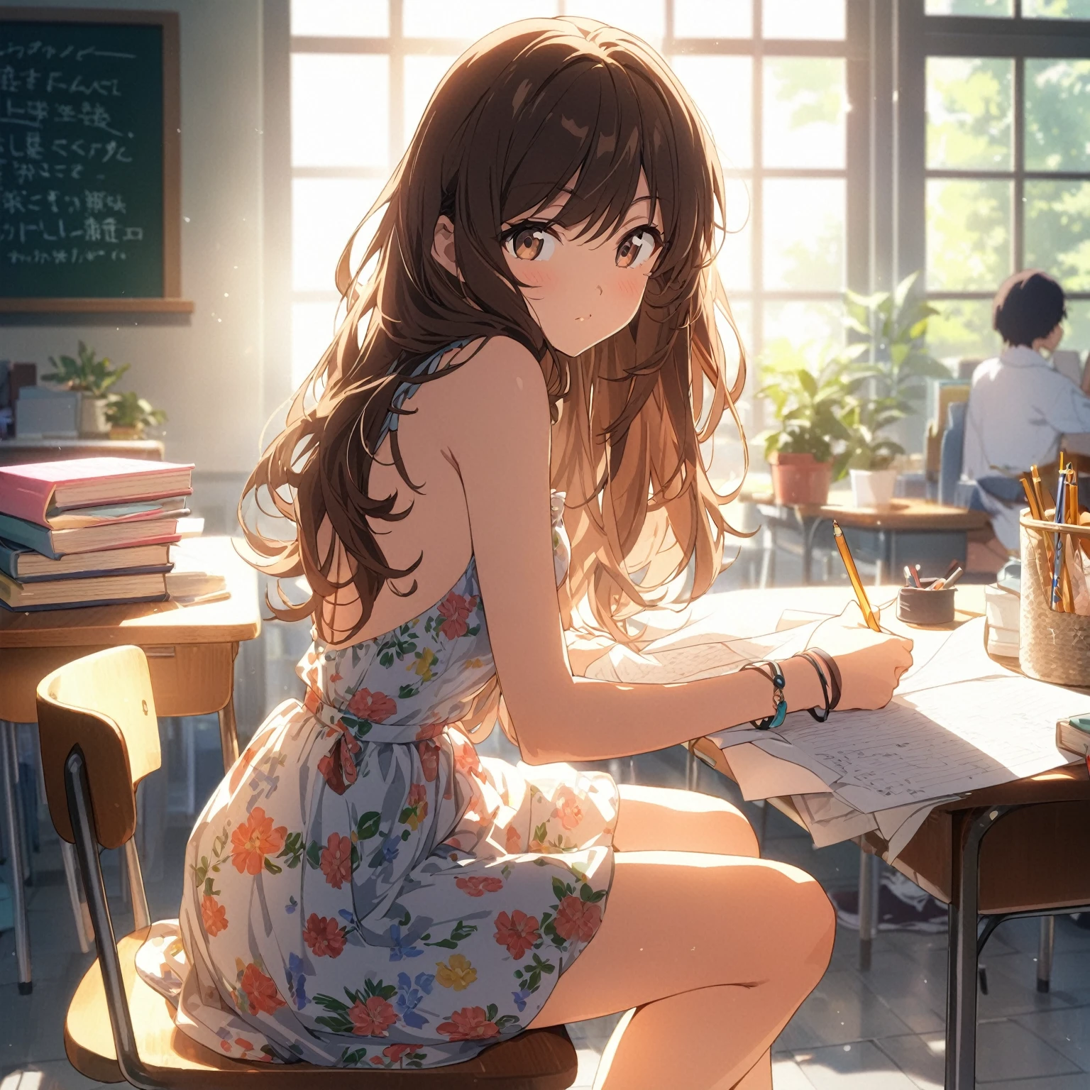 Best quality, masterpiece, head tilt, focused, looking at paper, swept bangs that curl at the end, long hair, very long hair, waist length hair, brown hair swept bangs and brown eyes, floral backless sundress, sneakers, anime, sitting on chair in front of desk, holding pencil, taking notes, books, chalkboard, sunrays, potted plants, people in background,