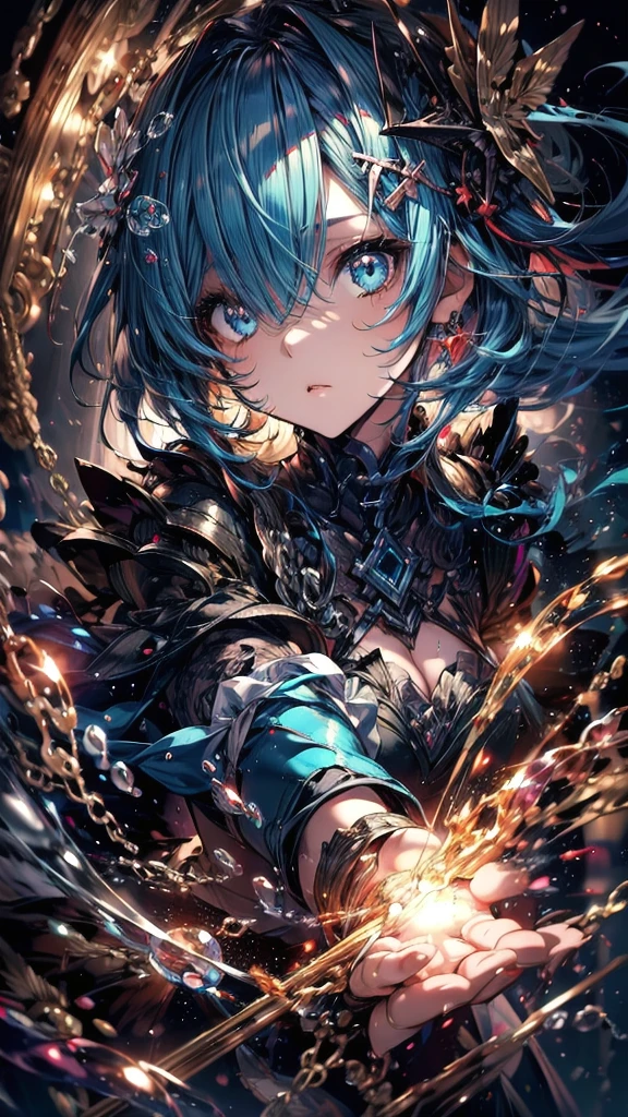 (Highest quality),(masterpiece), 8k,Very detailed, Detailed light, Best Shadow,Detailed reflective eyes, Beautiful Eyes, Very detailedな顔,Shiny Hair,One person,Gloss,Long Curly Hair,Blue Hair,blue eyes,Fascinating,Expressionless,Quiet anger,full moon,hair ornaments,whole body,front,Again:zero,Rem,Againm,fan,darkness,My face is too dirty to paint,Dynamic Angle,