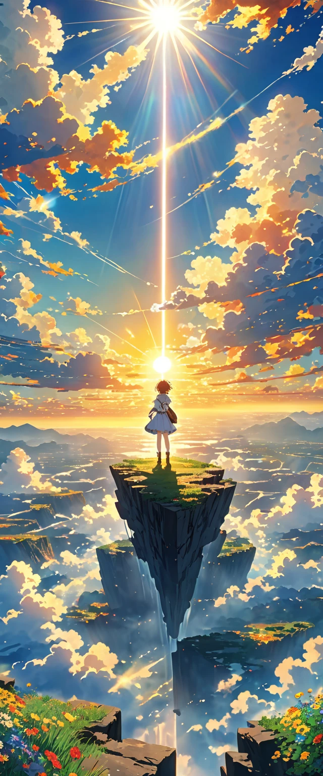anime,8k rays of the sun mark a  in the sky on the edge of an abyss watching the sky