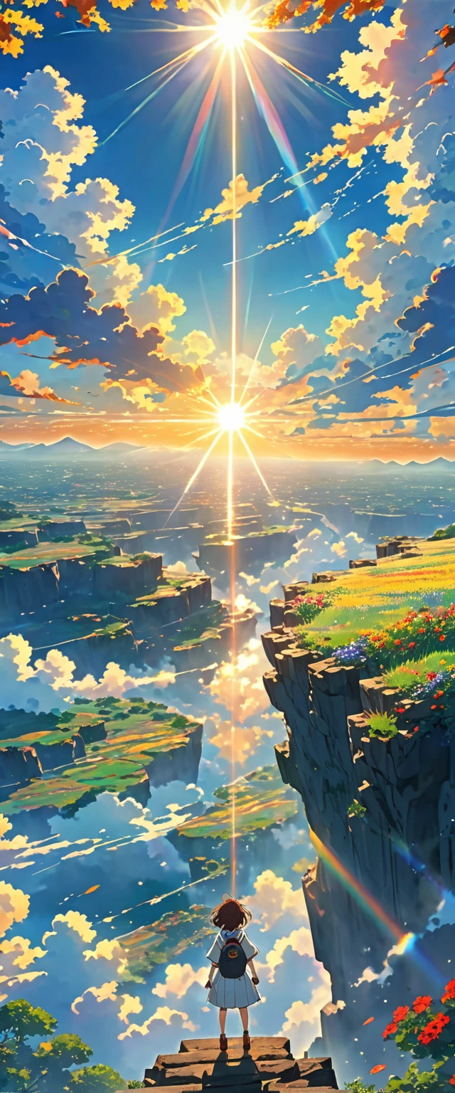anime,8k rays of the sun mark a in the sky on the edge of an abyss watching the sky