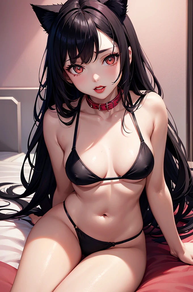 Detailed facial details,,1 girl,Red lips,Cat ear,Black long hair,Wearing a pure pink bikini,Large Breasts,Slim,Collar,Radiant Skin,Sitting on the bed,flower,Small Island,Dense forest,Rainforest
