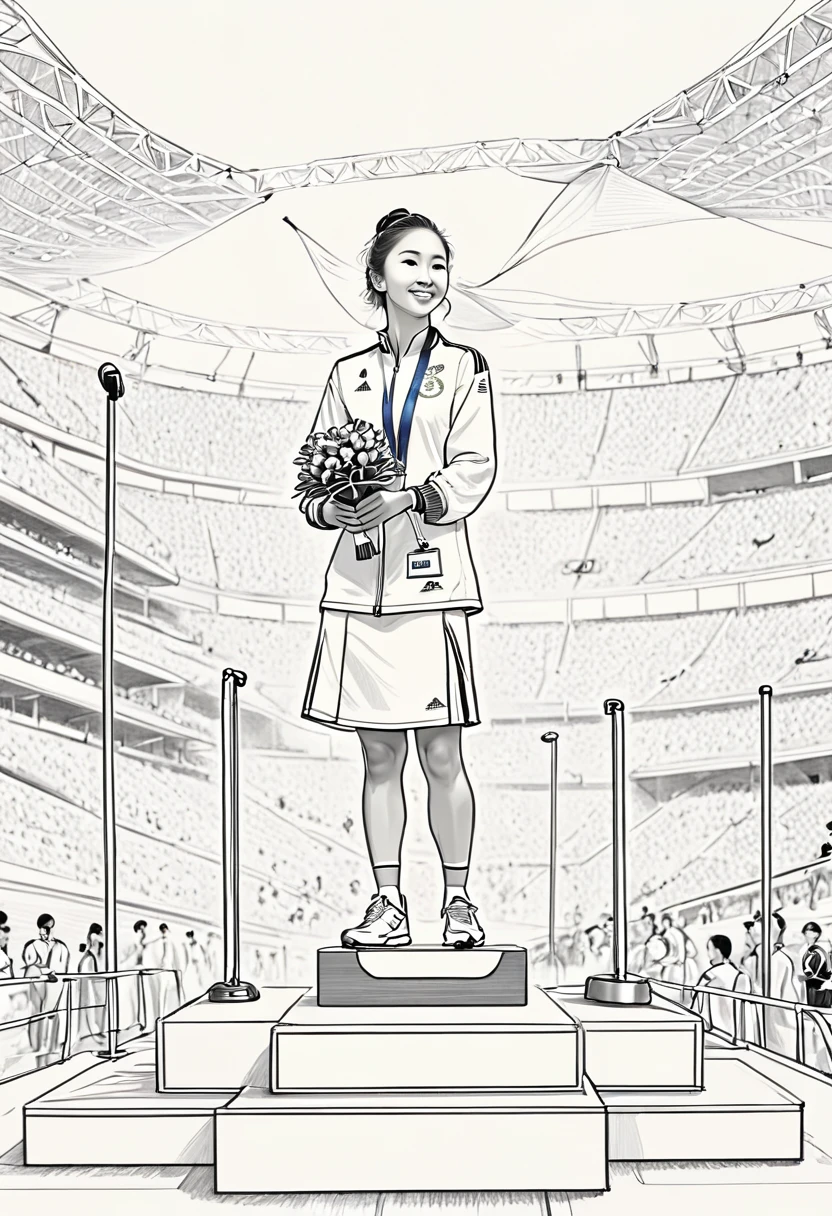1 ,Line drawing,monochrome,(sketch:1.5、pattern、pencil drawing:1.5、board:1.5),board,,Award-winning moments, Olympic Games, Podium, gold medal
