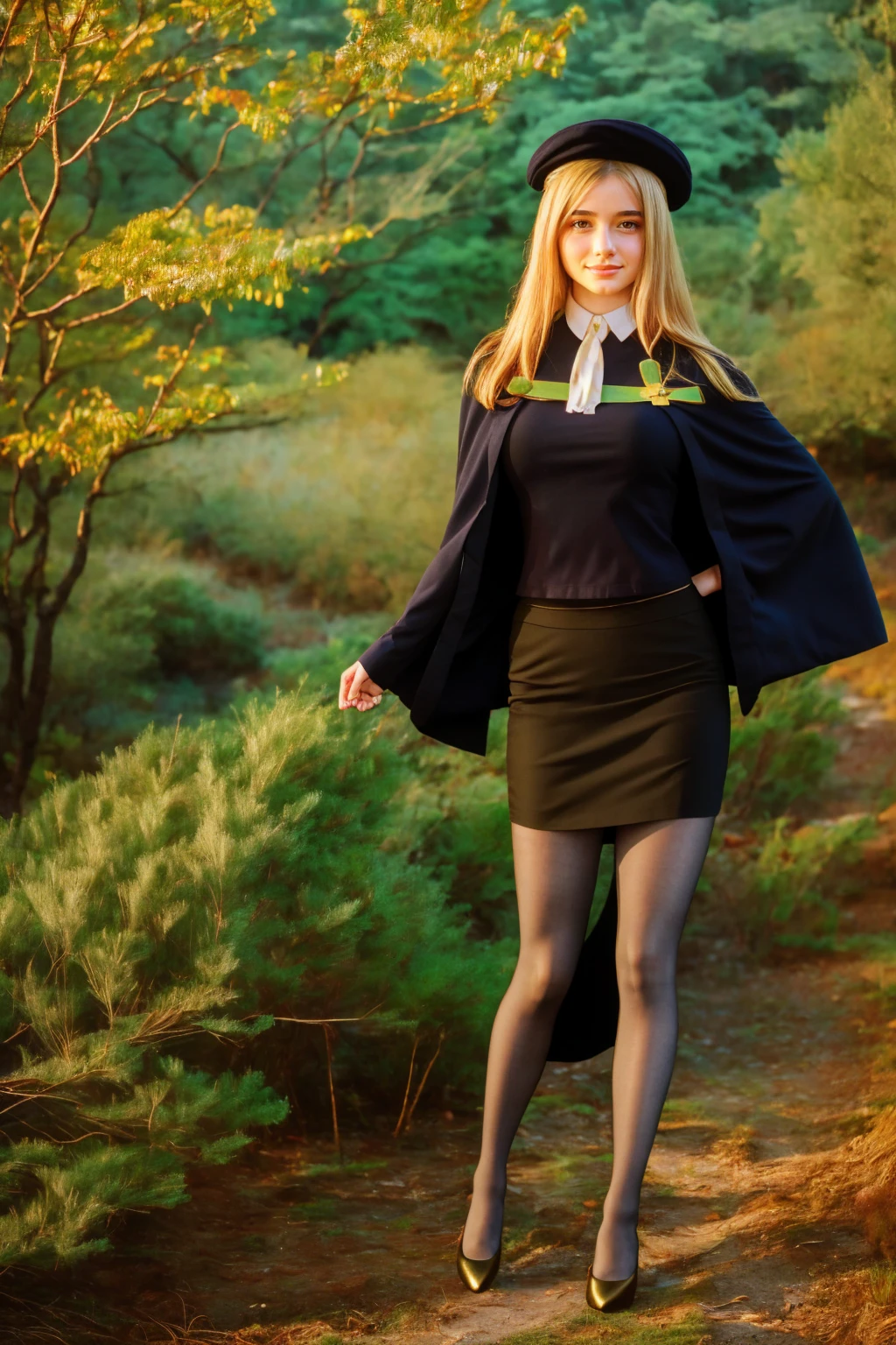1 girl, best quality, ((Miyo)), tarankaaa, perfect face, NOT Dasha Taran, beautiful smile, 30 years old, ((ascot,uniform, black skirt, cross, ribbon, gold blonde hair, emerald, beret, cape, pantyhose)), ((perfectly drawn hands)), perfect body, bare tree, bush, fog, forest, grass, nature, outdoors, plant, scenery, solo, standing, tree, 32k photograph, ((perfect eyes, detailed eyes,realistic eyes)), ((sharp face, detailed face, realistic face, natural skin, realistic skin, detailed skin, pores)), full body, tone mapping, asian-european, ((masterpiece)), ((highres)), ((detailed background)), japanese village background, night, big proportions, (abdomen is covered)