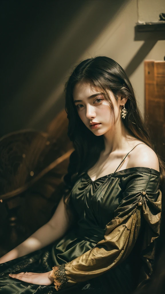( masterpiece, top quality, best quality,8k,17 years old girl,ultra detailed,raw photo:1.5),(photorealistic:1.4), (cinematic lighting), PerfectNwsjMajic, , Surrealism, UHD, ccurate, Super detail, textured skin, High detail, Best quality, dynamic angle, White skin,[Beautiful blue eyes], high nose,[flat chest:large breasts:0.5],(1girl),(good anatomy:0.5)), Dreamy atmosphere, Dark-toned background, expressive brush strokes, mystical ambiance, Artistic interpretation, Stunning Studio Ghibli style costumes, a whimsical illustration, Subtle colors and tones, mystical aura, portrait