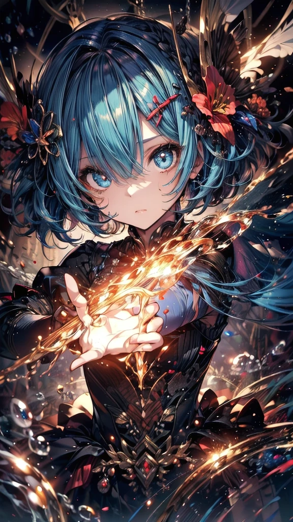 (Highest quality),(masterpiece), 8k,Very detailed, Detailed light, Best Shadow,Detailed reflective eyes, Beautiful Eyes, Very detailedな顔,Shiny Hair,One person,Gloss,Long Curly Hair,Blue Hair,blue eyes,Fascinating,Expressionless,Quiet anger,full moon,hair ornaments,whole body,front,Again:zero,Rem,Againm,fan,darkness,My face is too dirty to paint,Dynamic Angle,