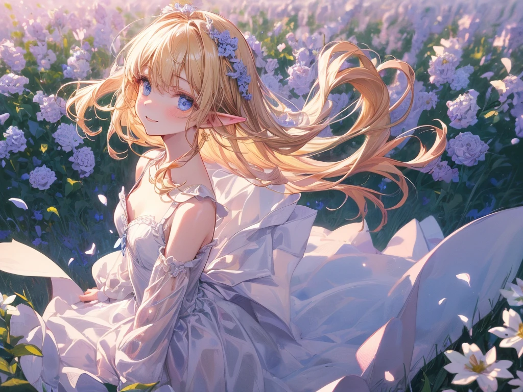 art by Cornflower,(master piece),(4k),high quality,(perfect anatomy),flat chest,((1girl)),(solo),elf,long blonde hair,pale skin,beautiful detailed blue eyes, (Highly detailed elegant),(Detailed medival dress),Detailed skin,Add a dramatic and symbolic element to your scene, Silky to the touch, Hyper Detail,romantic,captivating smile, looking at viewer, (rich and colorful),(walking through a field of white flowers),The tranquil and dreamy atmosphere gives the whole scene warm and charming temperament,(sideways glance),from side,film lighting