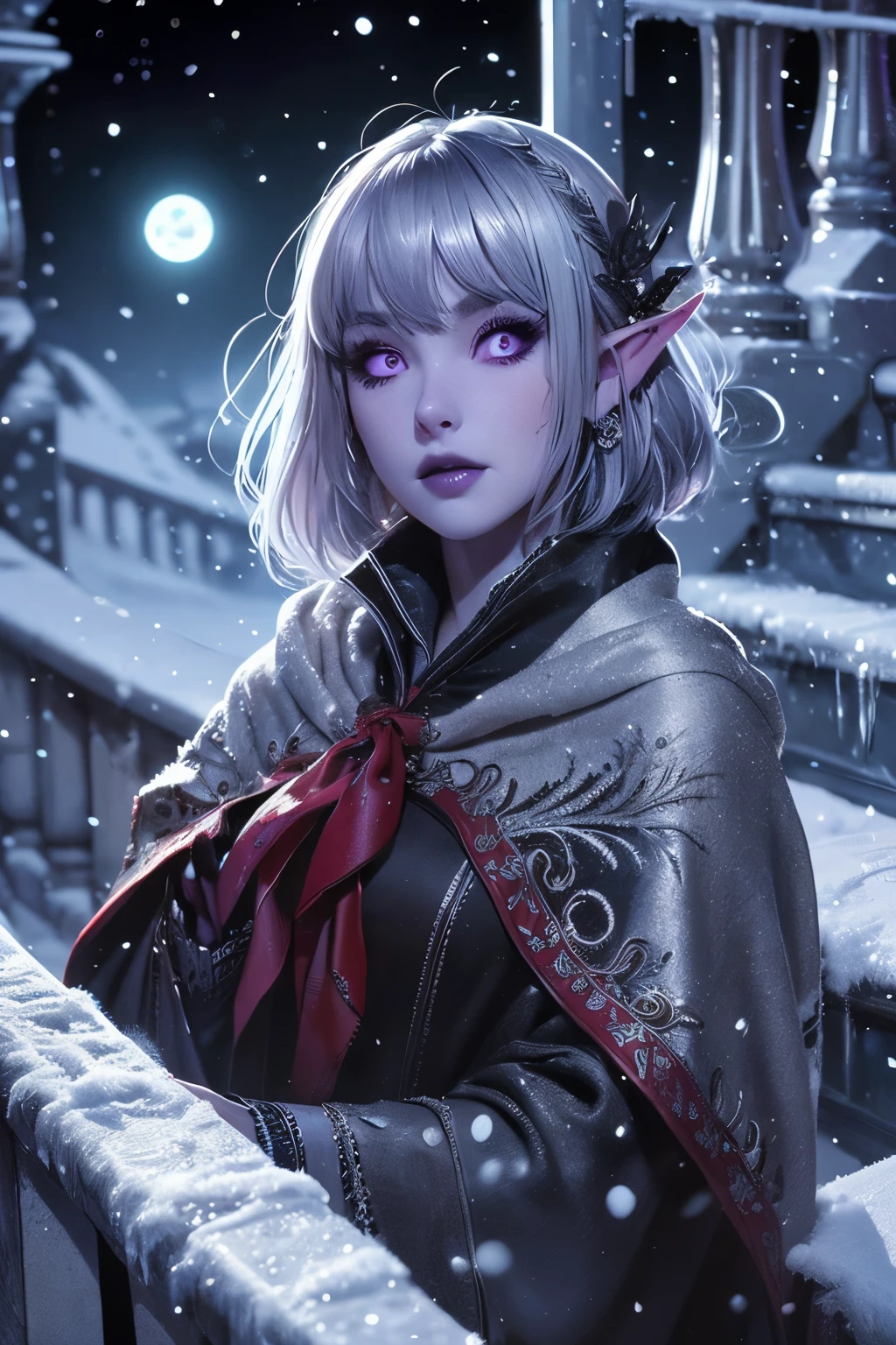 (Ultra-detailed face, looking away, Fantasy Illustration with Gothic, Ukiyo-e, Comic Art), 
BREAK 
(DarkElves: These middle-aged dark elf women have silver hair, blunt bangs, bobs hair, dark purple skin, and lavender eyes.), 
BREAK 
(FrozenSilver: She wears a high-collared cloak and red wool work clothes with lace and embroidery.), 
BREAK 
(Jumping: She jumps (speed lines) from a very high ice staircase downwards with great action and daring poses.), 
BREAK 
(FrozenSilver: This is the extreme cold of the far north. Blizzards are blowing and snow is falling heavily.)