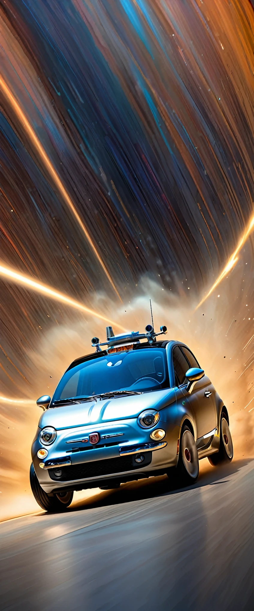 masterpiece,Highest quality,(Ultra Detailed CG Unity 8k Wallpaper),(Highest quality),(Best illustrations),(Best Shadow),Physical Rendering,Realistic lighting,Beautiful sparkle,Ultra-fine painting,Narrow your focus,(A time machine modified from a matte metallic silver Fiat 500:1.6),(Detailed depiction of a car-type time machine:1.3),(Cut through space-time at breakneck speed and transcend time:1.6),(Depicting a sense of speed:1.6),(The background depicts the effect of crossing time and space.:1.6),(dynamic),(Retro-future),(sf),(composed of elements of thunder,thunder,electricity)