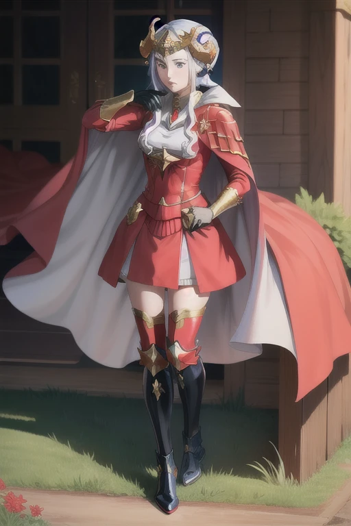 edelgard_timeskip, crown, horns, red cape, red dress, red gloves, black boots.
