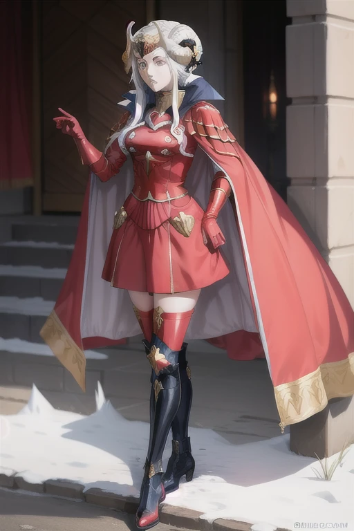 edelgard_timeskip, crown, horns, red cape, red dress, red gloves, black boots. 