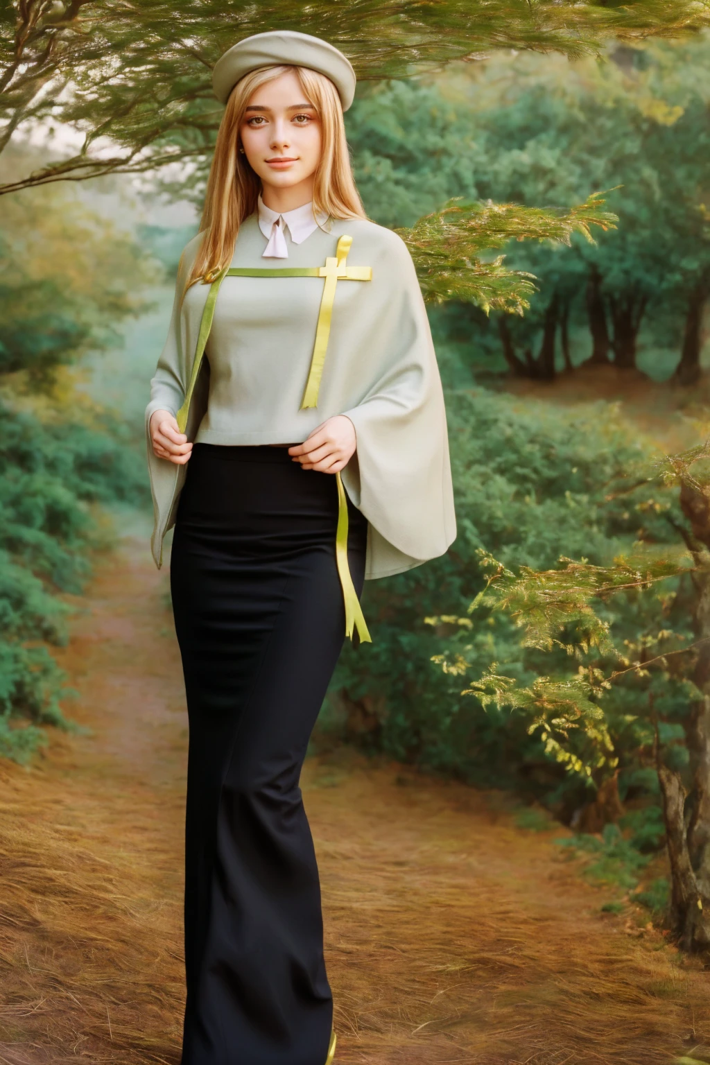 1 girl, best quality, ((Miyo)), tarankaaa, perfect face, NOT Dasha Taran, beautiful smile, 30 years old, ((ascot,uniform, black skirt, cross, ribbon, gold blonde hair, emerald, beret, cape, pantyhose)), ((perfectly drawn hands)), perfect body, bare tree, bush, fog, forest, grass, nature, outdoors, plant, scenery, solo, standing, tree, 32k photograph, ((perfect eyes, detailed eyes,realistic eyes)), ((sharp face, detailed face, realistic face, natural skin, realistic skin, detailed skin, pores)), full body, tone mapping, asian-european, ((masterpiece)), ((highres)), ((detailed background)), japanese village background, night, big proportions, (abdomen is covered)