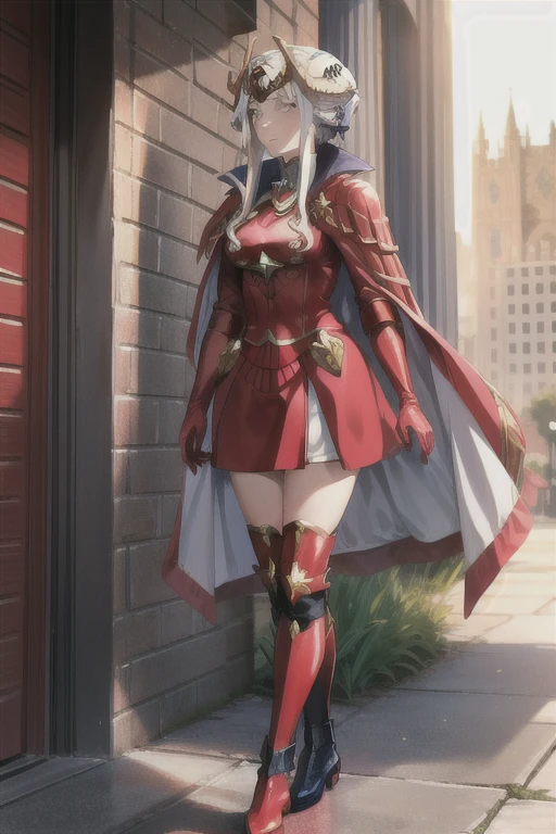 edelgard_timeskip, crown, horns, red cape, red dress, red gloves, black boots. 