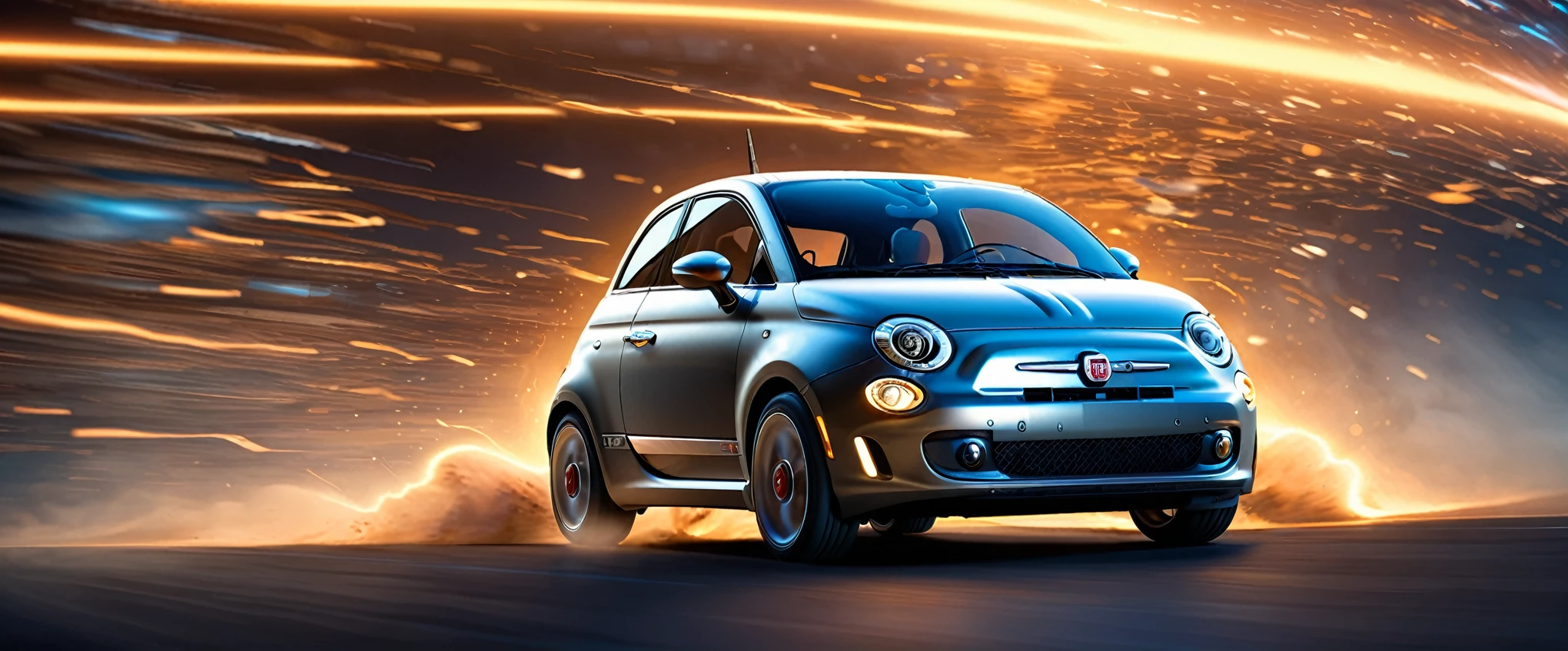 masterpiece,Highest quality,(Ultra Detailed CG Unity 8k Wallpaper),(Highest quality),(Best illustrations),(Best Shadow),Physical Rendering,Realistic lighting,Beautiful sparkle,Ultra-fine painting,Narrow your focus,(A time machine modified from a matte metallic silver Fiat 500:1.6),(Detailed depiction of a car-type time machine:1.3),(Cut through space-time at breakneck speed and transcend time:1.6),(Depicting a sense of speed:1.6),(The background depicts the effect of crossing time and space.:1.6),(dynamic),(Retro-future),(sf),(composed of elements of thunder,thunder,electricity)