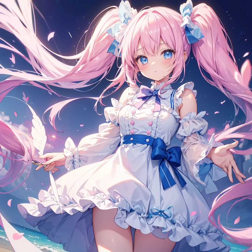 One girl, Sparkling、Frilly twin-tails clothes、ribbon、Big breasted magical girl、cute、cute、Pastel pink light blue
