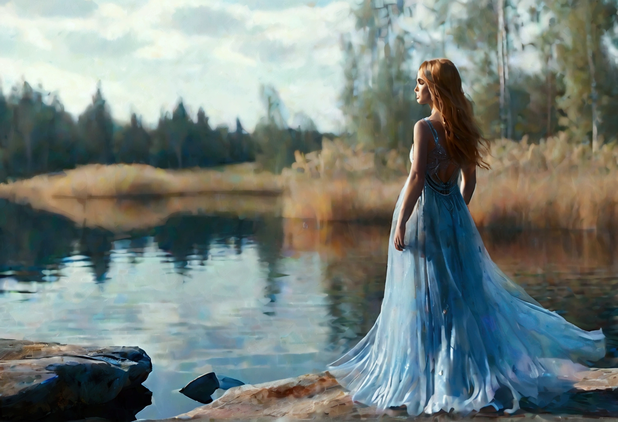 A beautiful female model posing gracefully by the edge of a tranquil lake, wearing a light blue dress with intricate beading that sparkles in the sunlight. She stands on a large, flat rock, her reflection visible in the calm water. Her posture is elegant, with one hand gently touching her cheek and the other resting at her side. The lake is surrounded by tall reeds and wildflowers, creating a picturesque and serene setting. The sky is a clear blue, and the water reflects the vibrant colors of the landscape. The scene is captured with soft lighting and high detail, evoking a peaceful and calming mood. [Hyperrealistic, cinematic photography, high depth of field, ultra-detailed, 4K resolution