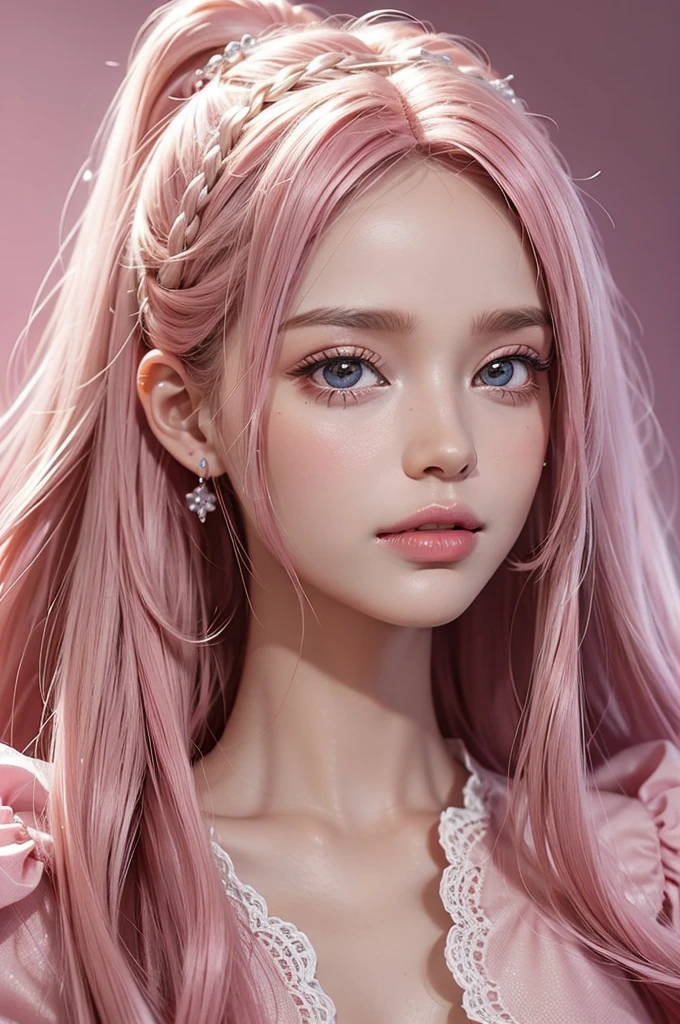 （Barbie pink background）），barbiecore，A princess，cabellos largos dorados，Kizi，delicated face