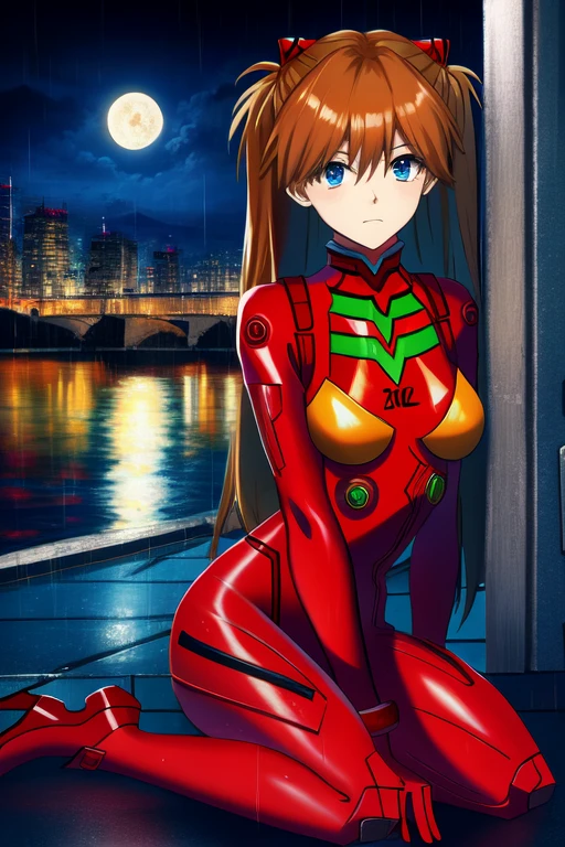 Asuka Langley ,masterpiece, best quality,,city,cyperpunk,night,rain,moon