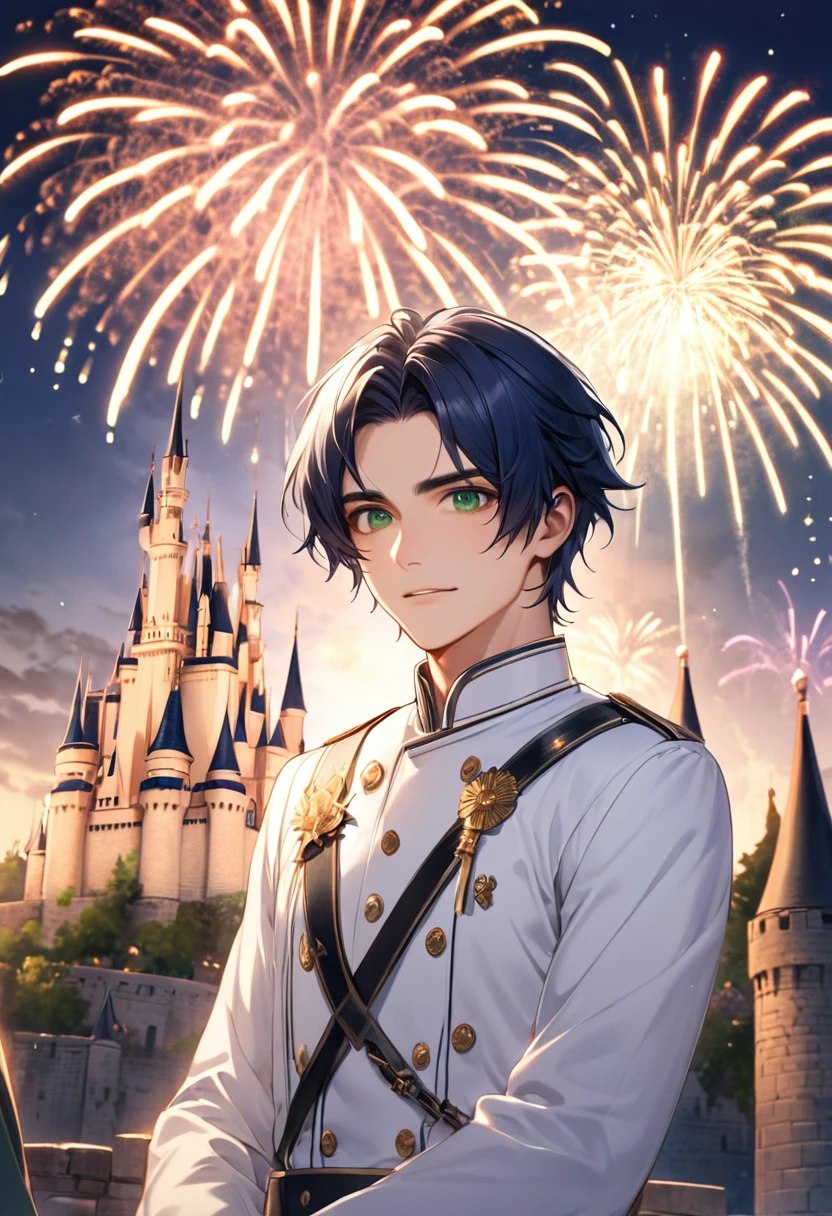 1 male　Center-parted bangs　Dark blue hair and eyebrows　Green Eyes　White uniform dress　Castle and fireworks