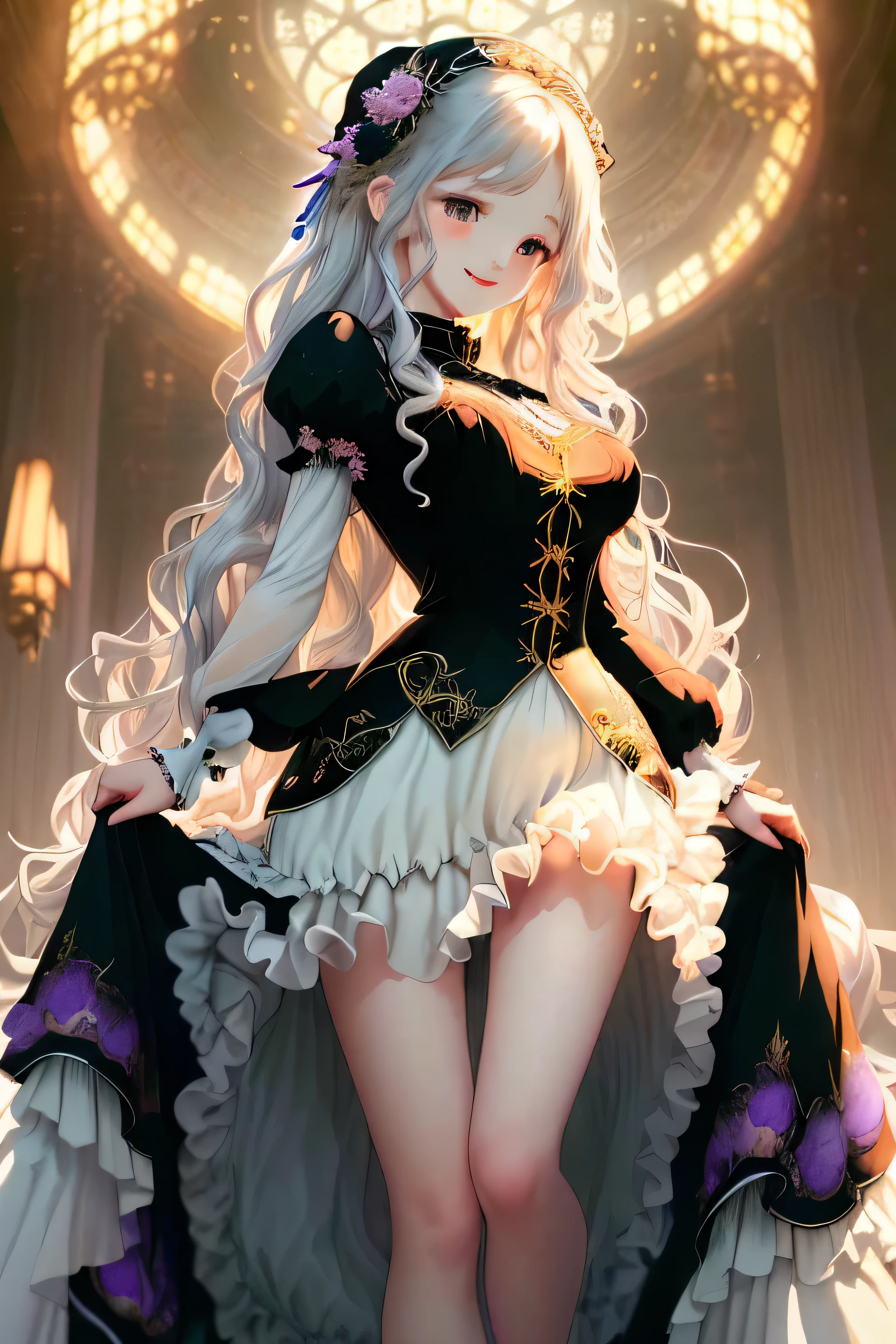 (masterpiece, best quality:1.2),a beautiful girl,Skin detail processing,The eyes are finely described,Delicate hair,wavy long hair,Long light hair,Wear a large bow on your head,Black Sweater,white dots,skirt,Retro contrasting coloremento mori、(write)、(purple、yellow)、spark、fantasy creature, elaborate details, painting, watercolor painting,Loose and fluffy、long curled silver hair、black dress、dutch angle,good anatomy,dynamic pose, action pose, open pose, dynamic angle,(Evere_shy smile:1.2), details layered skirt、Art Nouveau fashion embroidery、intricate detailesh wire、glasswork、horny girl, cute type、Transparent blood vessels、very delicate face,soft clean focus, analog 150mm lens、Beautiful natural soft rim light、 (very delicate and beautiful art)1.3, It's elegant, (pastel colors)1.2,clean background