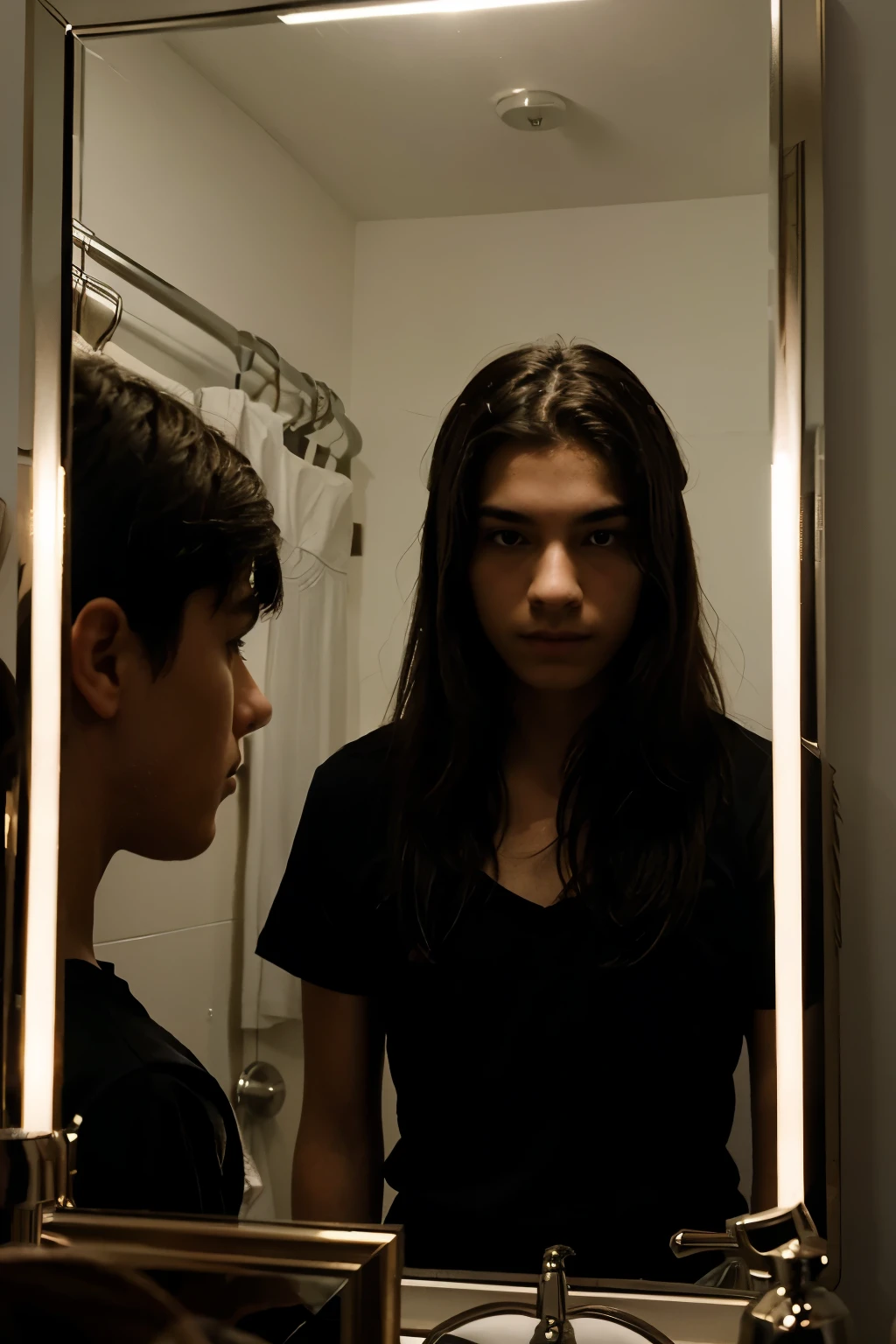 A teenager looking to mirror and see his darkside 