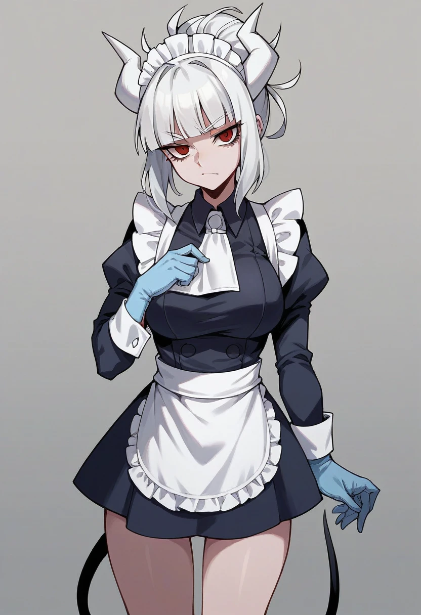 1girl, lucifer \(helltaker\), ((blue medical gloves)), (latex gloves), (maid uniform), ((long sleeves)), looking at viewer, standing, solo