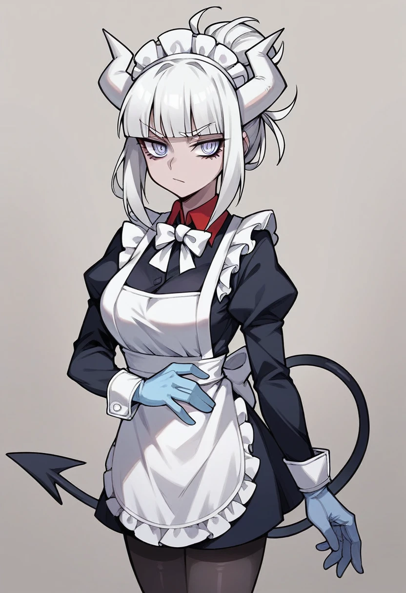 1girl, lucifer \(helltaker\), ((blue medical gloves)), (latex gloves), (maid uniform), ((long sleeves)), looking at viewer, standing, solo